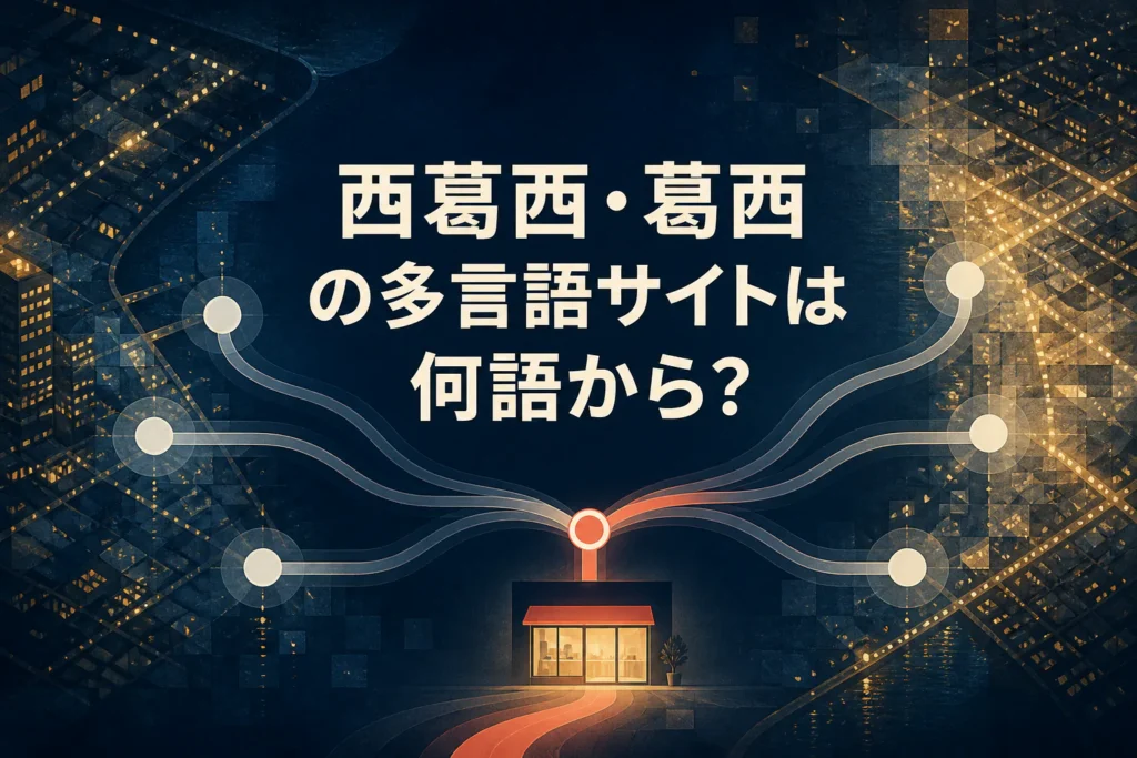 西葛西・葛西の地図と言語の案内表示を背景に、多言語サイトで最初の言語を選ぶ考え方を表したサムネイル