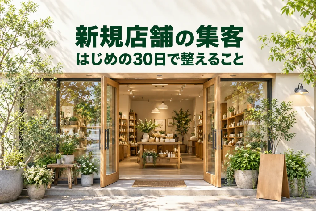 新規オープンした店舗の入口と商品を、初めて来る人に伝える写真と案内のイメージ