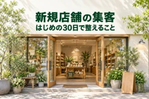 新規オープンした店舗の入口と商品を、初めて来る人に伝える写真と案内のイメージ