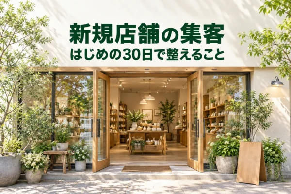 新規オープンした店舗の入口と商品を、初めて来る人に伝える写真と案内のイメージ