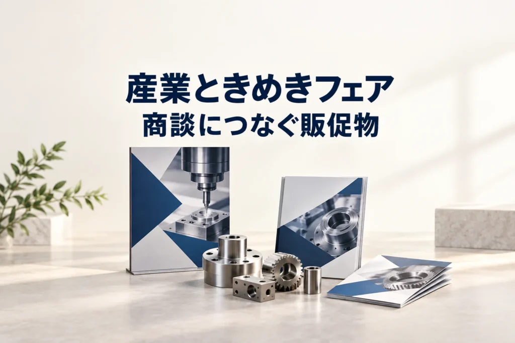 展示パネルとチラシ、製品サンプルを組み合わせ、商談につなぐ出展販促物の準備を表したイメージ
