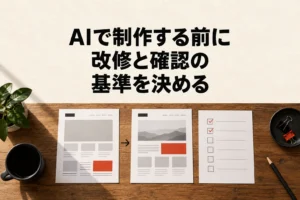 制作案の資料と確認表を並べ、AIを使う制作の改修と確認条件を整理するイメージ