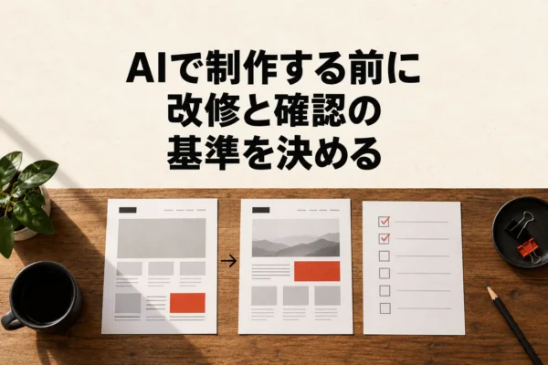 制作案の資料と確認表を並べ、AIを使う制作の改修と確認条件を整理するイメージ