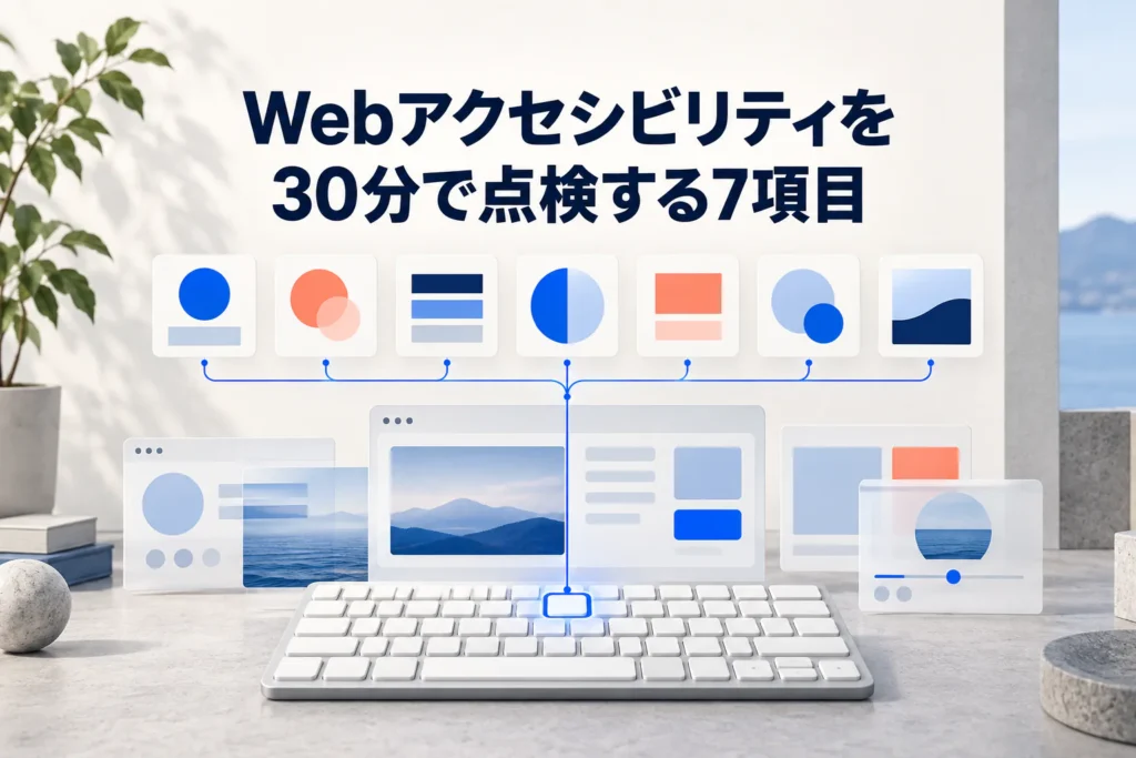 Webページをキーボードと点検表で確認する様子を描いた、Webアクセシビリティ7項目の記事サムネイル
