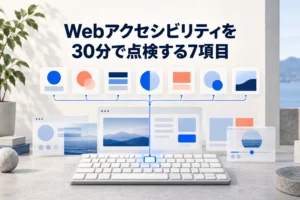 Webページをキーボードと点検表で確認する様子を描いた、Webアクセシビリティ7項目の記事サムネイル