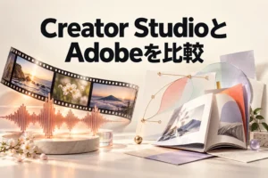 Creator StudioとAdobeの選び方を、映像・音楽の完成素材とベクター・冊子の編集データを対比して表す図