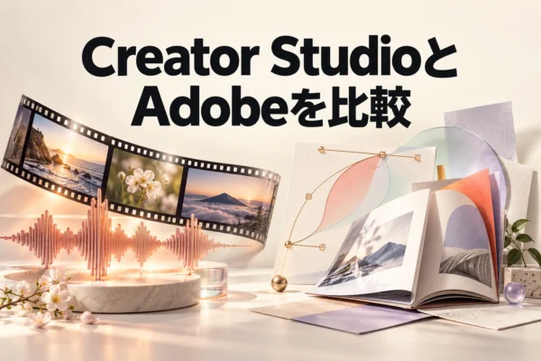 Creator StudioとAdobeの選び方を、映像・音楽の完成素材とベクター・冊子の編集データを対比して表す図